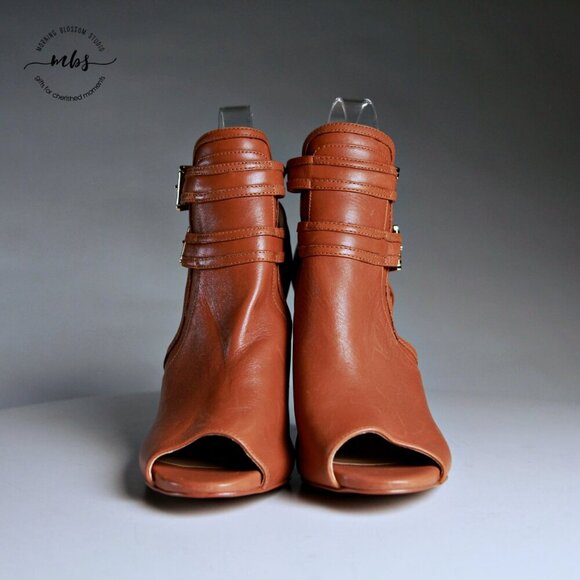 EUC Michael Kors Buckle Leather Blaze Open Toe Heeled Booties Tan Women Size 9 - Picture 3 of 13